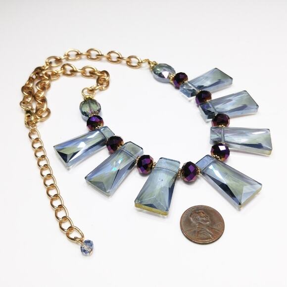 Blue Crystal Choker Necklace, Purple Beads, Gold Tone Chain, 21 Inches - Picture 8 of 8
